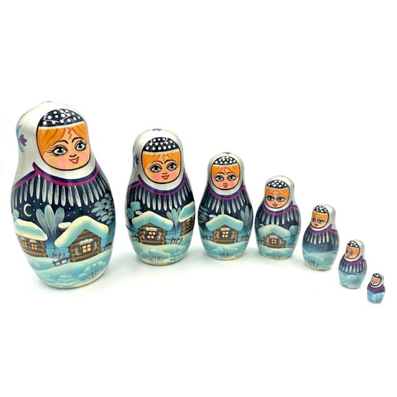 Matryoshka Russian Winter Village Nesting Dolls 9 Piece Vintage Wood Handpainted - Picture 1 of 16